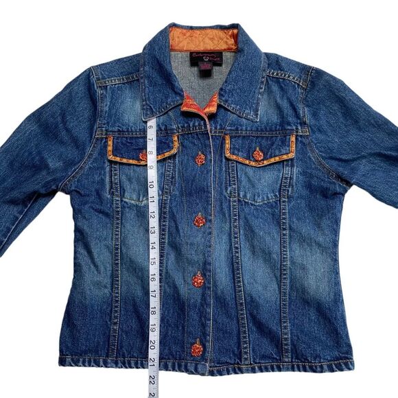 Vintage Bohemian Orange Jewel Button Blue Denim Trucker Jacket Sz S - Picture 9 of 16